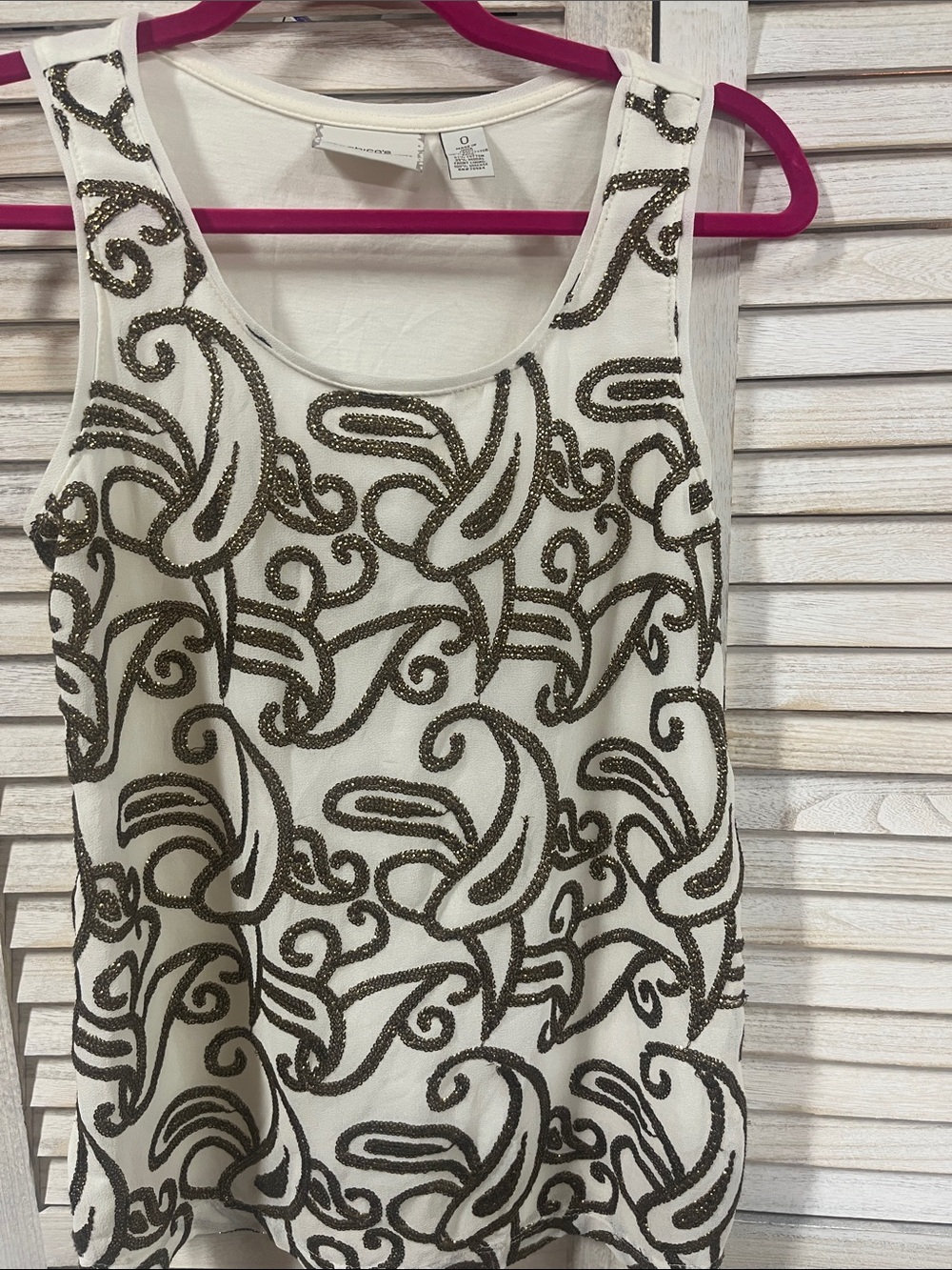 Chico’s Size 0 Beaded Embellished Sleeveless Tank Top Ivory Bronze Medium